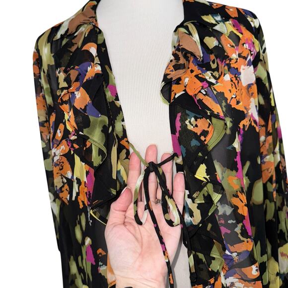 Cabi Multicolor Floral Cascade Ruffle and Tie Front Semi Sheer Top/Tunic-Medium - Picture 3 of 10